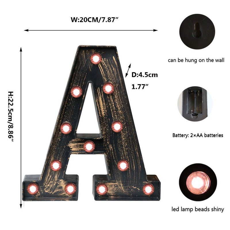 OYCBUZO Golden Black Led Marquee Letter - Industrial, Vintage Style Light Up Alphabet Letter Sign for Cafe Wedding Birthday Party Christmas Lamp Home Bar Initials Decor - A - Image 5